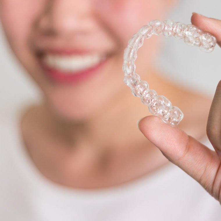 A smiling person holding a clear dental aligner between their fingers against a white background.