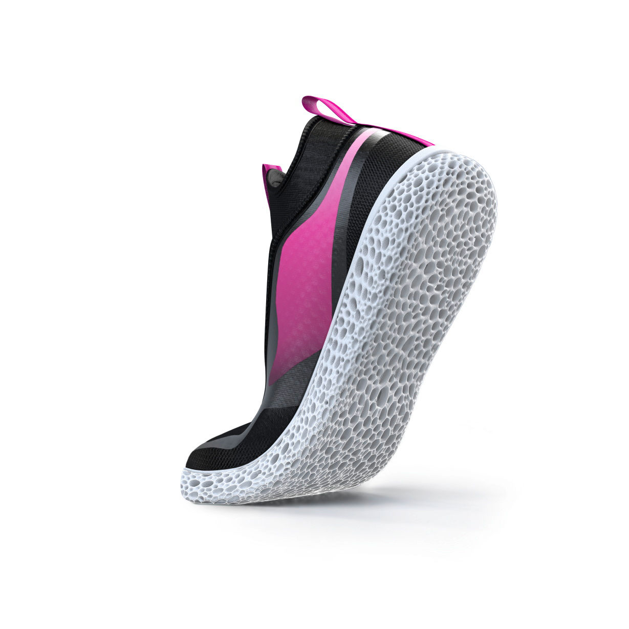Sport shoe with a textured, honeycomb-patterned sole and black and pink upper design.