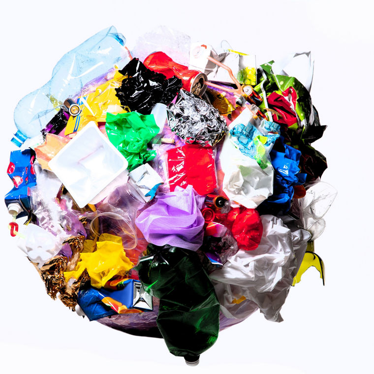 A sphere made from used plastic parts.