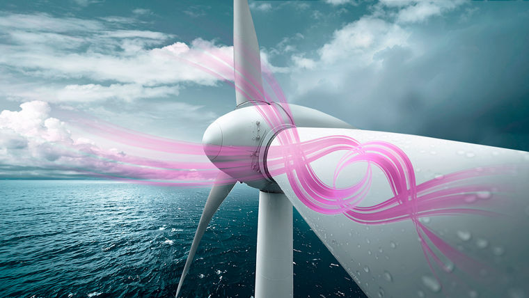 Hurricane impact on renewable energy shown by offshore wind turbine with rain and stormy sea highlighting resilience and challenge