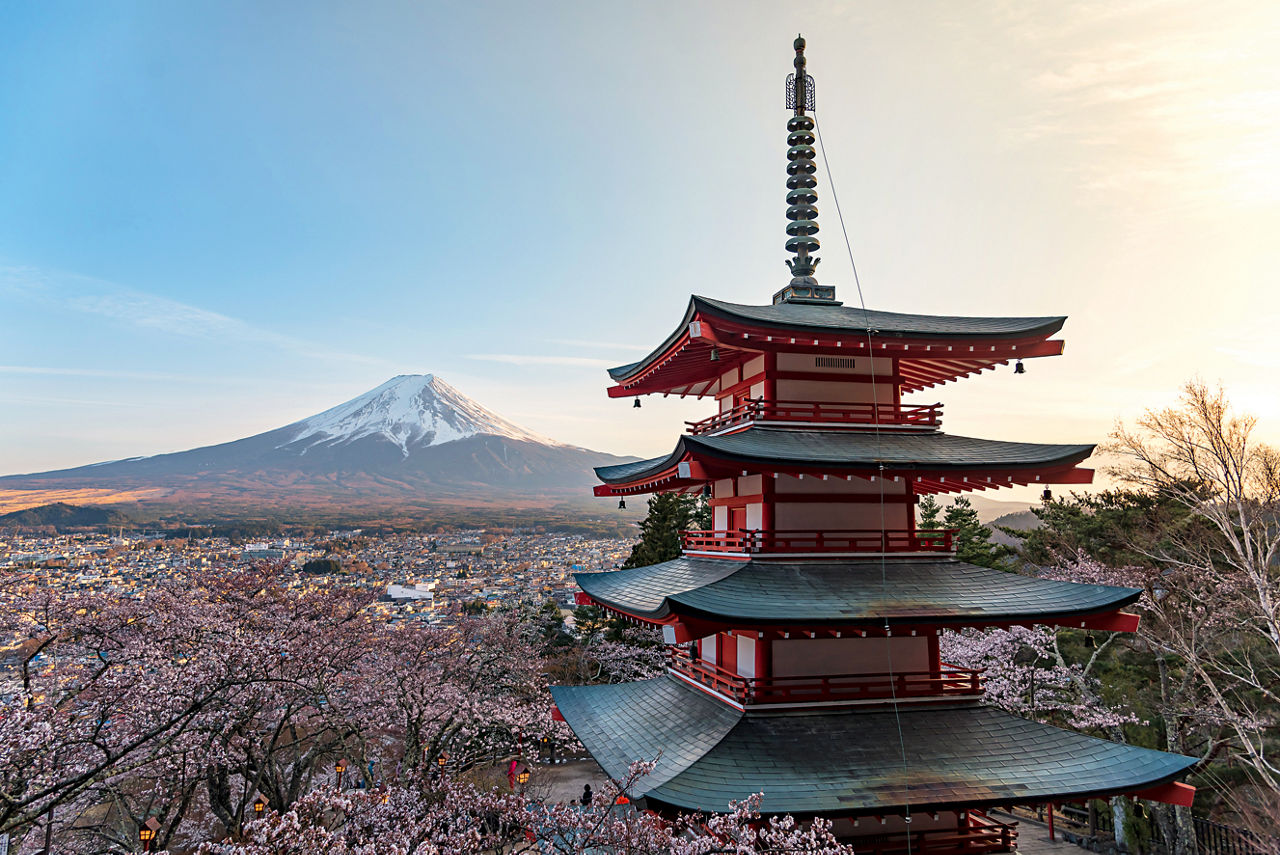 The pagoda is on the right in the foreground, Mount Fuji rises on the left in the background. In front of it, pink blossoming cherry trees and the roofs of the city.