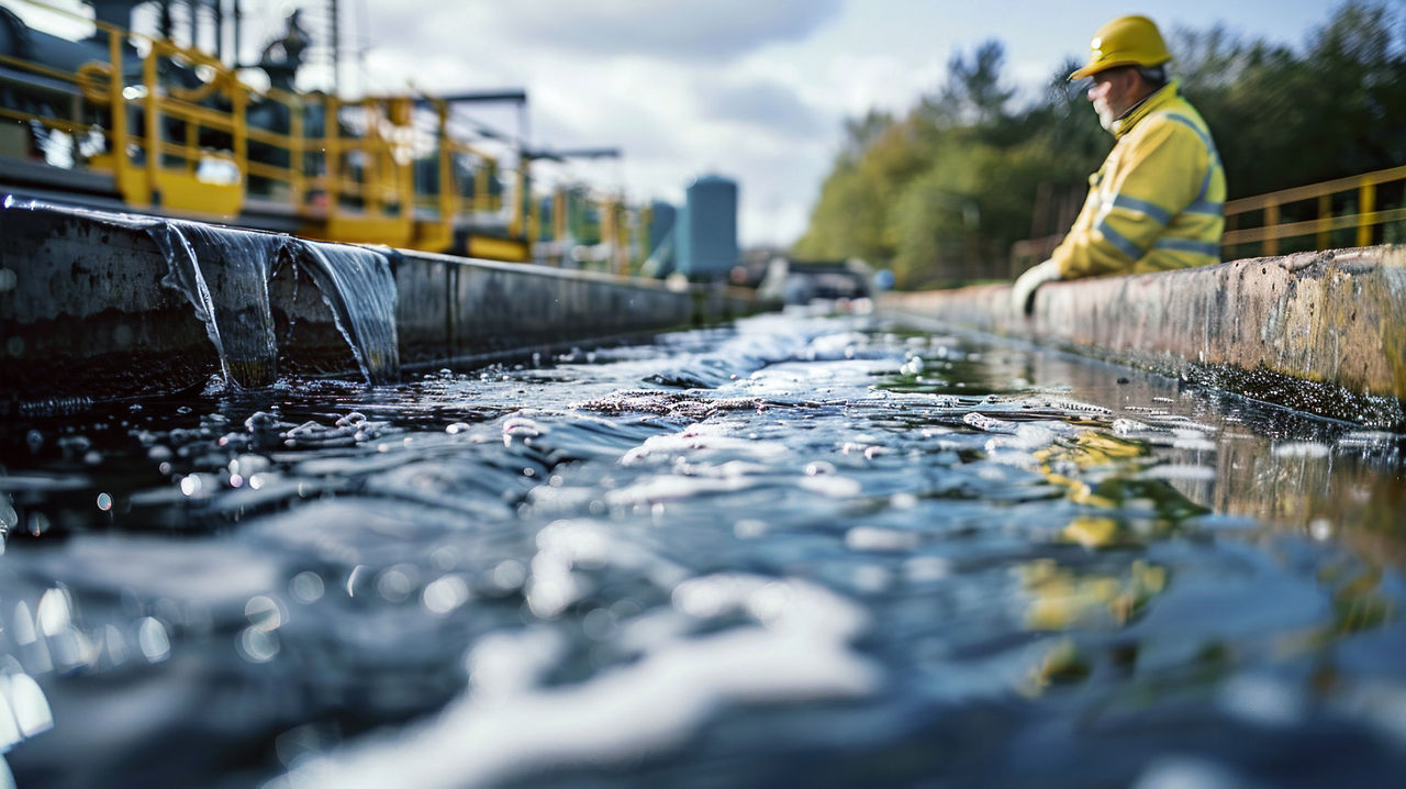 A service engineer is seen inspecting a waste water treatment plant, with pumps in the background, while a worker is busy tending to the plant's operations.