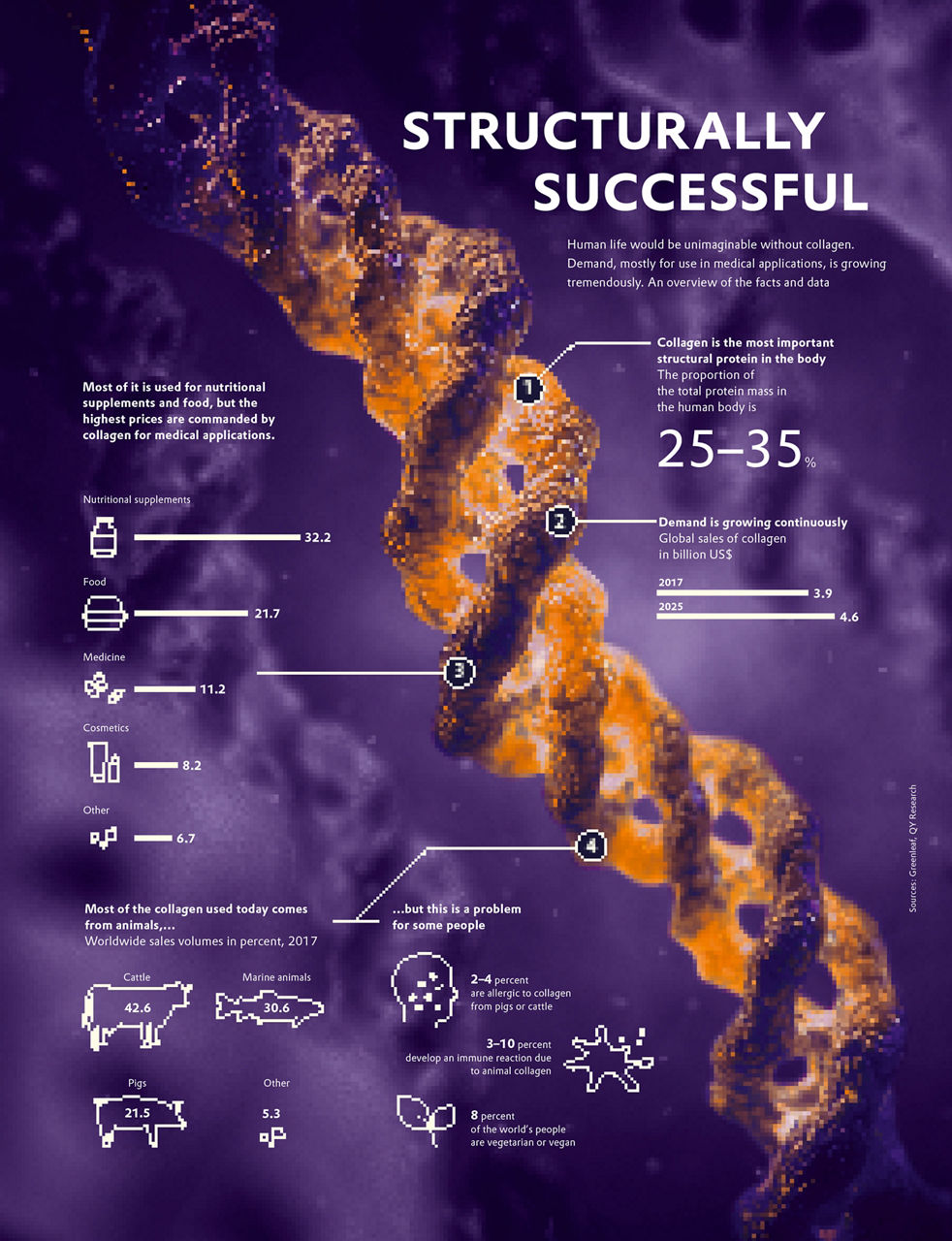 A diagram with facts and data about collagen