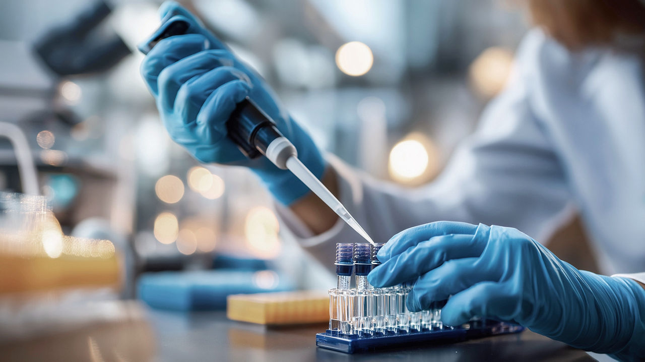 Gloved hands changing pipette tips face obscured disposable supplies contamination prevention blue glove tip box visible lab bench defocused around with copy space