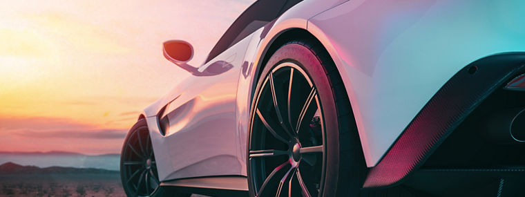 The image in back of the sports car scene behind as the sun going down with in the back. 3d rendering and illustration.