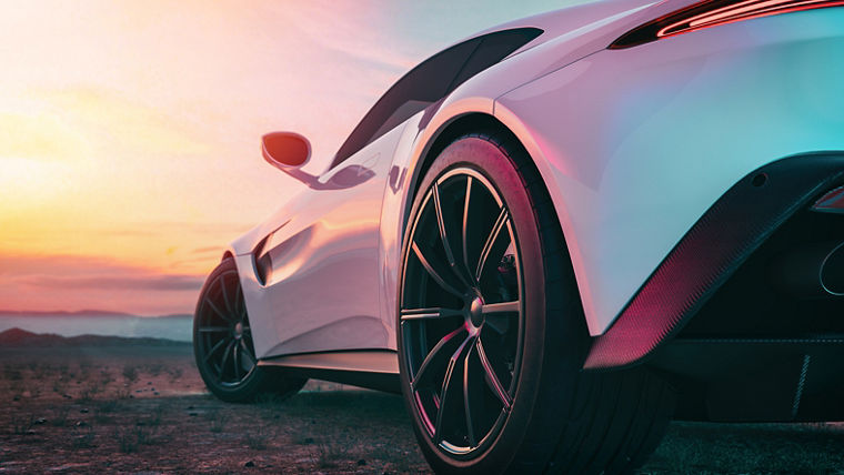 The image in back of the sports car scene behind as the sun going down with in the back. 3d rendering and illustration.