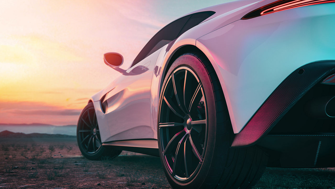 The image in back of the sports car scene behind as the sun going down with in the back. 3d rendering and illustration.