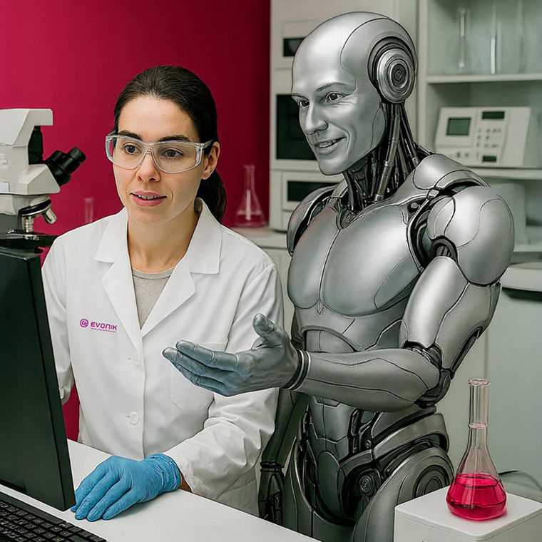 Eine Wissenschaftlerin und ein humanoider Roboter diskutieren vor einem Bildschirm.