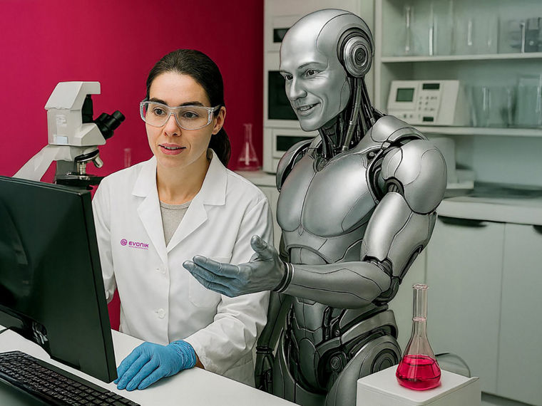 Eine Wissenschaftlerin und ein humanoider Roboter diskutieren vor einem Bildschirm.