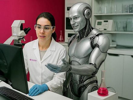 Eine Wissenschaftlerin und ein humanoider Roboter diskutieren vor einem Bildschirm.