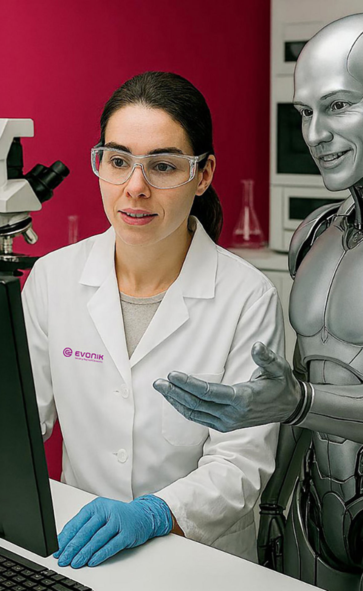 Eine Wissenschaftlerin und ein humanoider Roboter diskutieren vor einem Bildschirm.