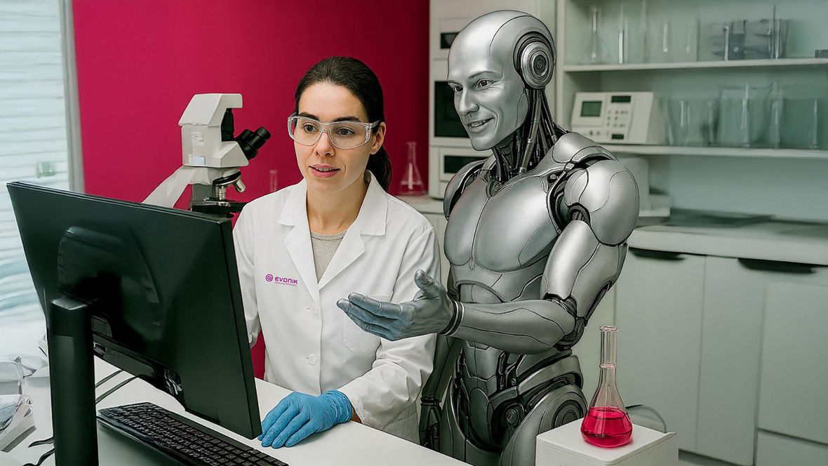 A scientist and a humanoid robot are discussing in front of a screen.