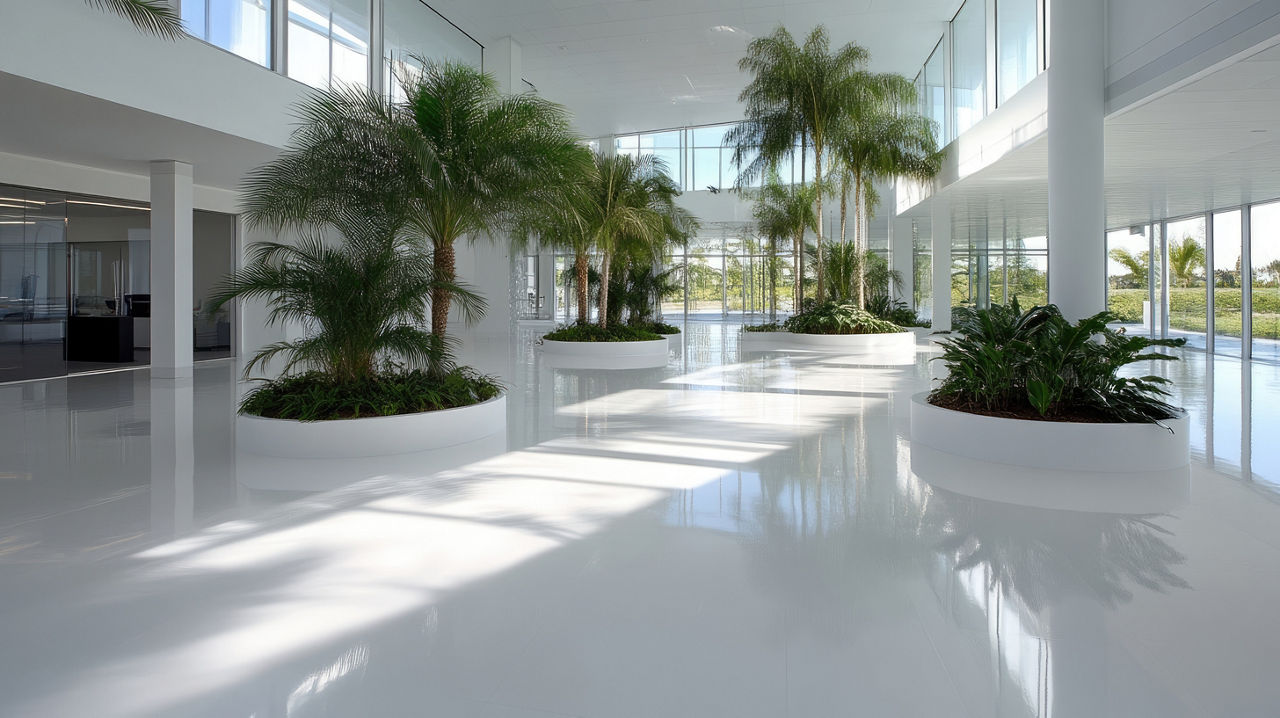 Modern, bright, minimalist office interior with lush tropical plants