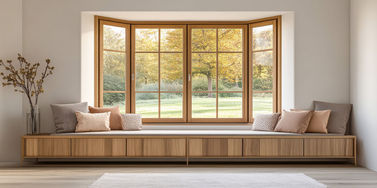 A peaceful living area showcases a cozy window nook with comfortable cushions, revealing vibrant autumn trees outside. Sunlight streams through the large windows, enhancing the inviting atmosphere.