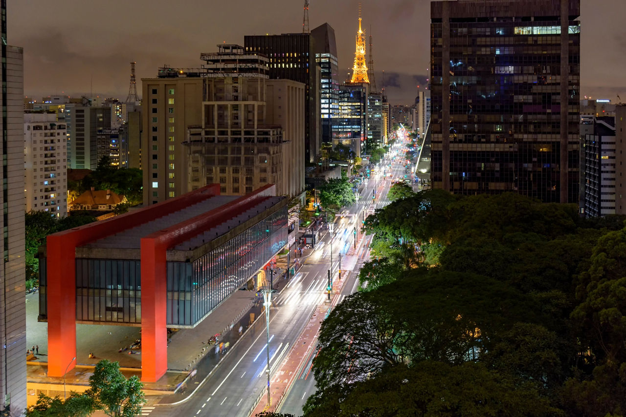 Night view of the famous Paulista Avenue, the financial center of the city and one of the most important places in São Paulo, Brazil. On the left, the MASP.