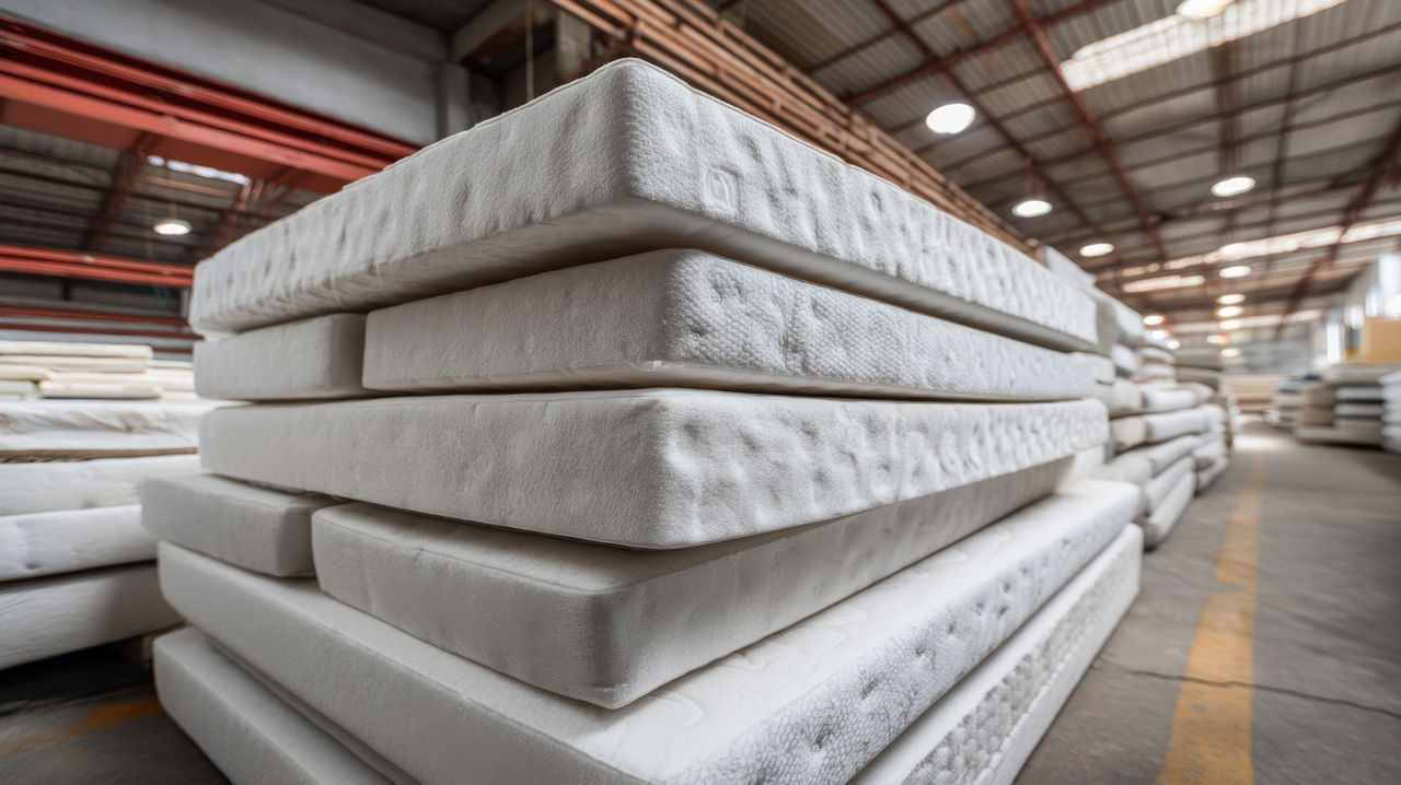 A warehouse with stacks of mattresses