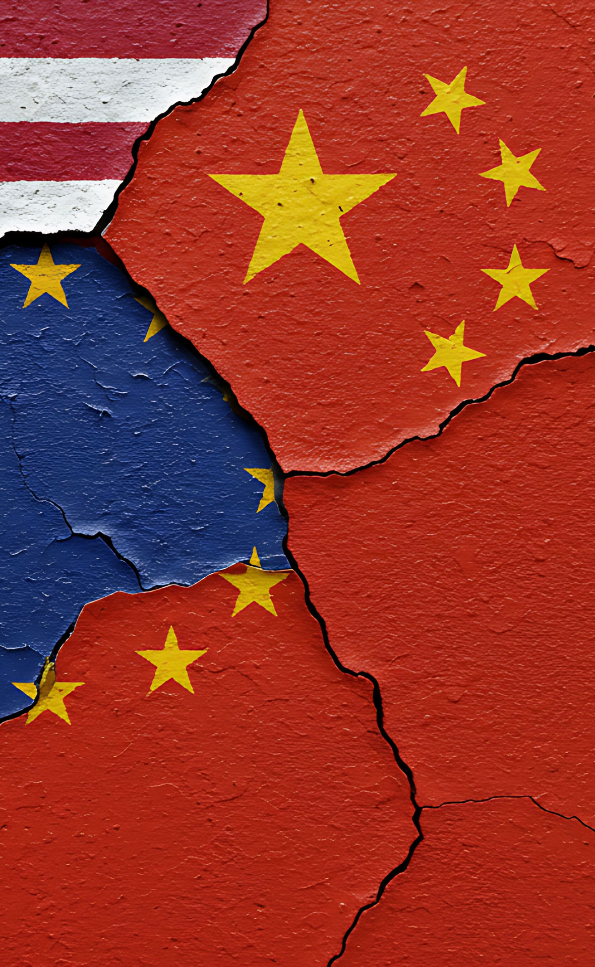 Die Fahnen der USA, der EU und Chinas an eine Wandgemalt, die farben bröckeln leicht ab.