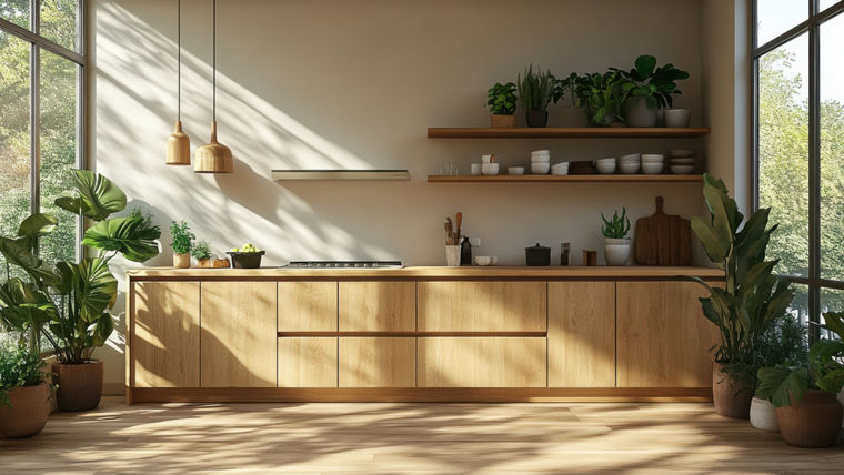 Interior kitchen view: light wood cabinets, plants, open shelves, sunlight, wood floor, large windows. Warm, neutral tones dominate.
