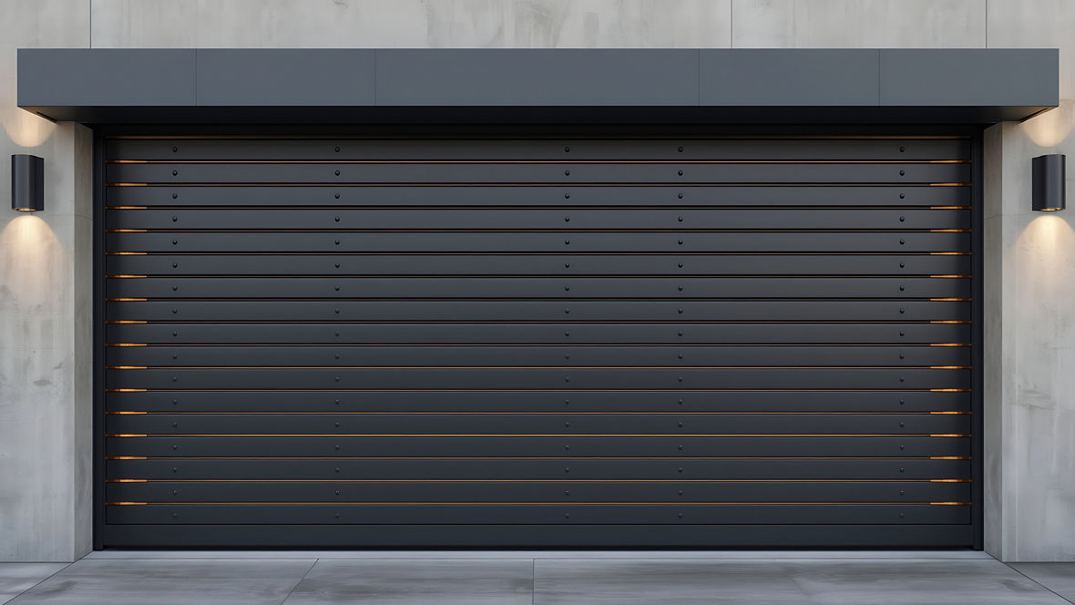 Modern dark gray garage door with horizontal panels and wall-mounted lights on both sides.