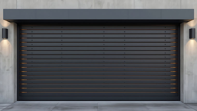 Modern dark gray garage door with horizontal panels and wall-mounted lights on both sides.