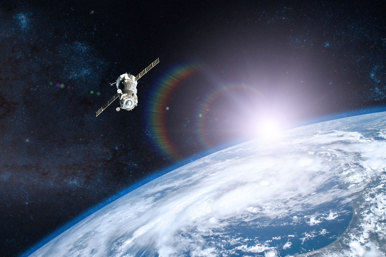 Blue planet Earth. Spacecraft launch into space. Elements of this image furnished by NASA.