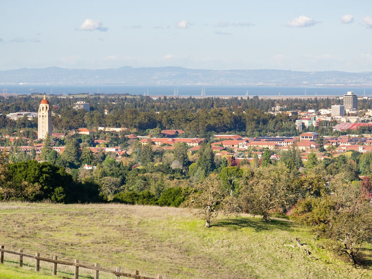 View of the Stanford campus and Hoover Tower, Palo Alto and Silicon Valley from the Stanford Dish Hills, California