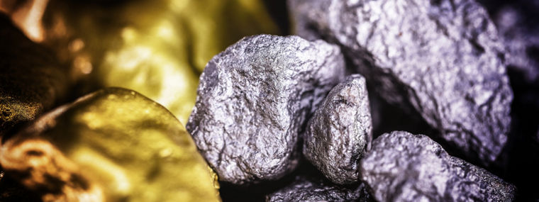 stones of gold and silver gross, mineral extraction of gold and silver. Concept of luxury and wealth.