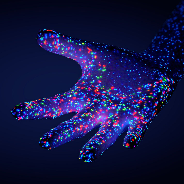 Various bacteria and pathogens on a human hand, the microbiota of the skin - 3d illustration