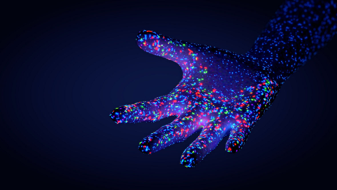 Various bacteria and pathogens on a human hand, the microbiota of the skin - 3d illustration