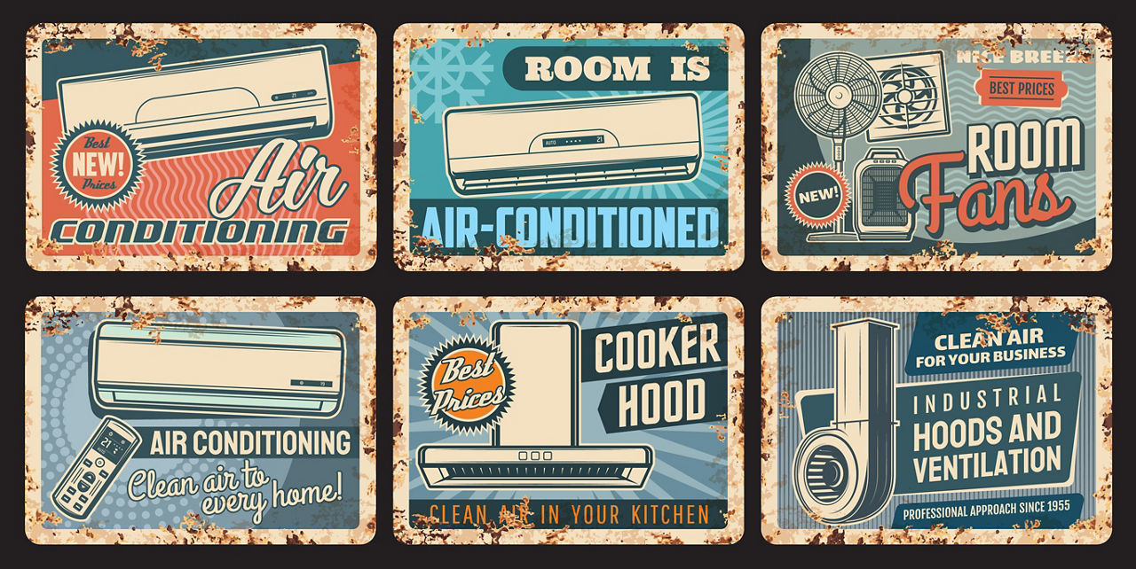 Air conditioning and ventilation rusty plates with vector air conditioners, cooker or kitchen exhaust hoods, room fans with remote control. Climate control vintage tin plates and grunge signboards