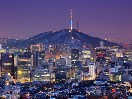 Skyline of Seoul with the Seoul Tower.