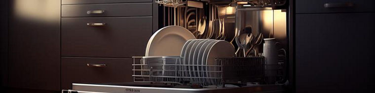 Open dishwasher with clean plates and cutlery inside in a modern kitchen setting.
