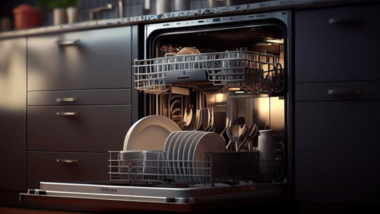 Open dishwasher with clean plates and cutlery inside in a modern kitchen setting.