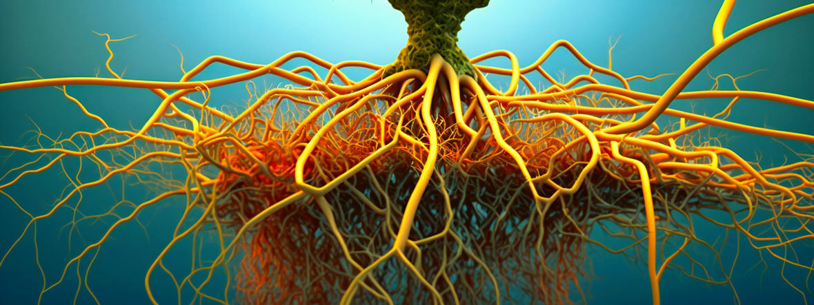 A detailed view of the intricate and branching root system of a plant