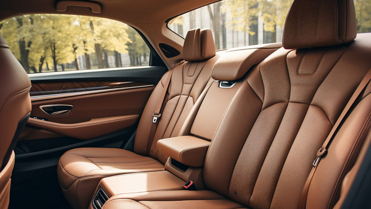 Brown leather car interior with wood trim—symbolizing Evonik’s PU foam solutions for low-emission, high-performance automotive seating and components.
