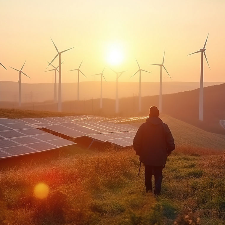 Photovoltaik-Kraftwerk mit Windrädern (KI generiertes Bild) 