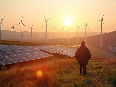 Photovoltaik-Kraftwerk mit Windrädern (KI generiertes Bild) 