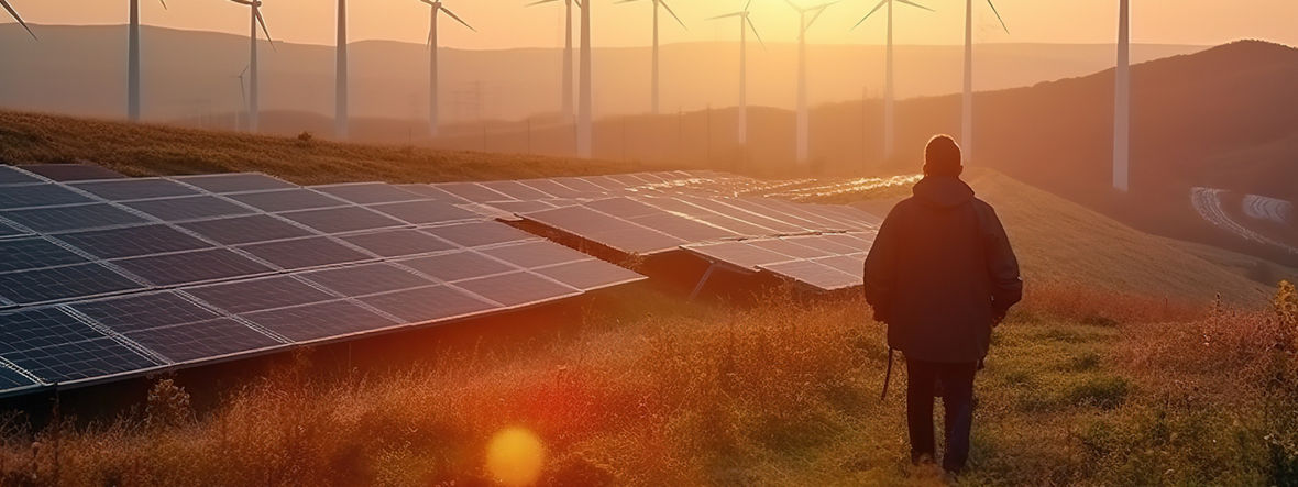 Photovoltaik-Kraftwerk mit Windrädern (KI generiertes Bild) 