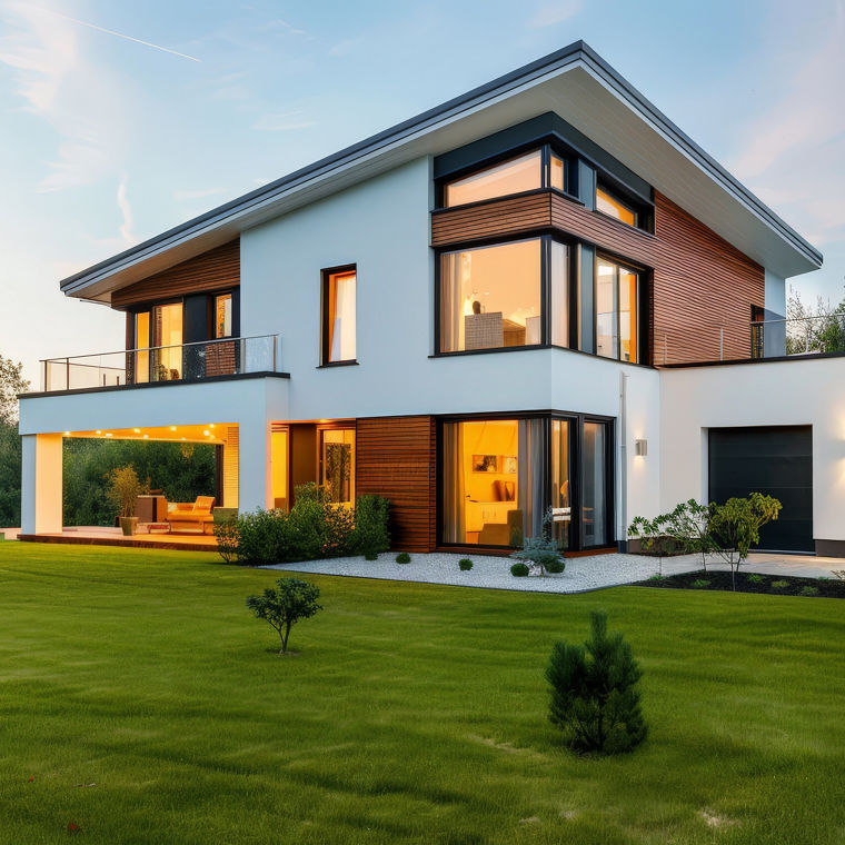 contemporaneo chalet de lineas simles y rectas, blanco de tres plantas,  moderno con grandes ventanales, garaje y  jardín exterior rodeado de grandes árboles, sobre fondo de cielo azul al atardecer