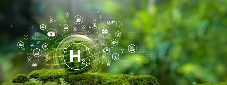 H2 concept on hydrogen energy innovation. Zero Emission Technology environmentally friendly industry and alternative energy in the future for the net zero goal. Green H2 icon on crystal globe