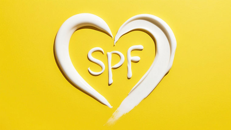 SPF word shaped like heart made of sunscreen cream on yellow background. SPF cream for safe sunbathing and sun protection