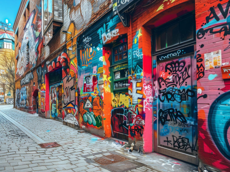 Street with brightly colored walls and street art