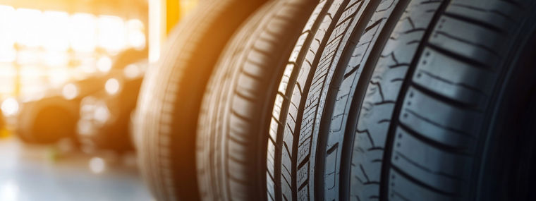 Closeup of new car tires on a rack in a shop, ready for sale.