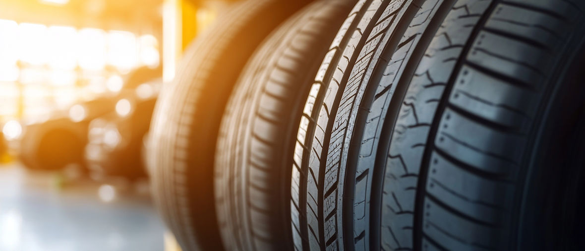 Closeup of new car tires on a rack in a shop, ready for sale.