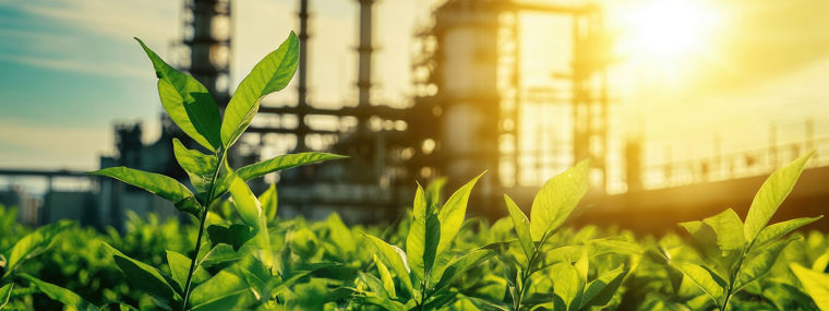 Green plants in focus with a blurred industrial complex and shining sun in the background, suggesting environmental awareness and industrial impact