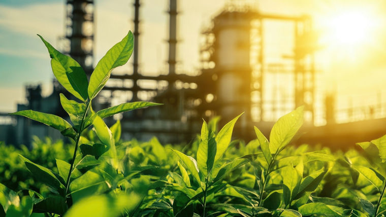 Green plants in focus with a blurred industrial complex and shining sun in the background, suggesting environmental awareness and industrial impact
