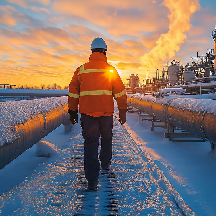 A worker in uniform walks along the gas pipeline at an oil and natural gas tank plant, against the background of large metal pipes on a sunny winter day