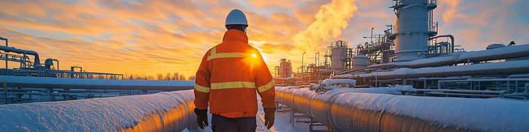 A worker in uniform walks along the gas pipeline at an oil and natural gas tank plant, against the background of large metal pipes on a sunny winter day