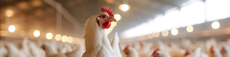 close up white chicken in cage farm