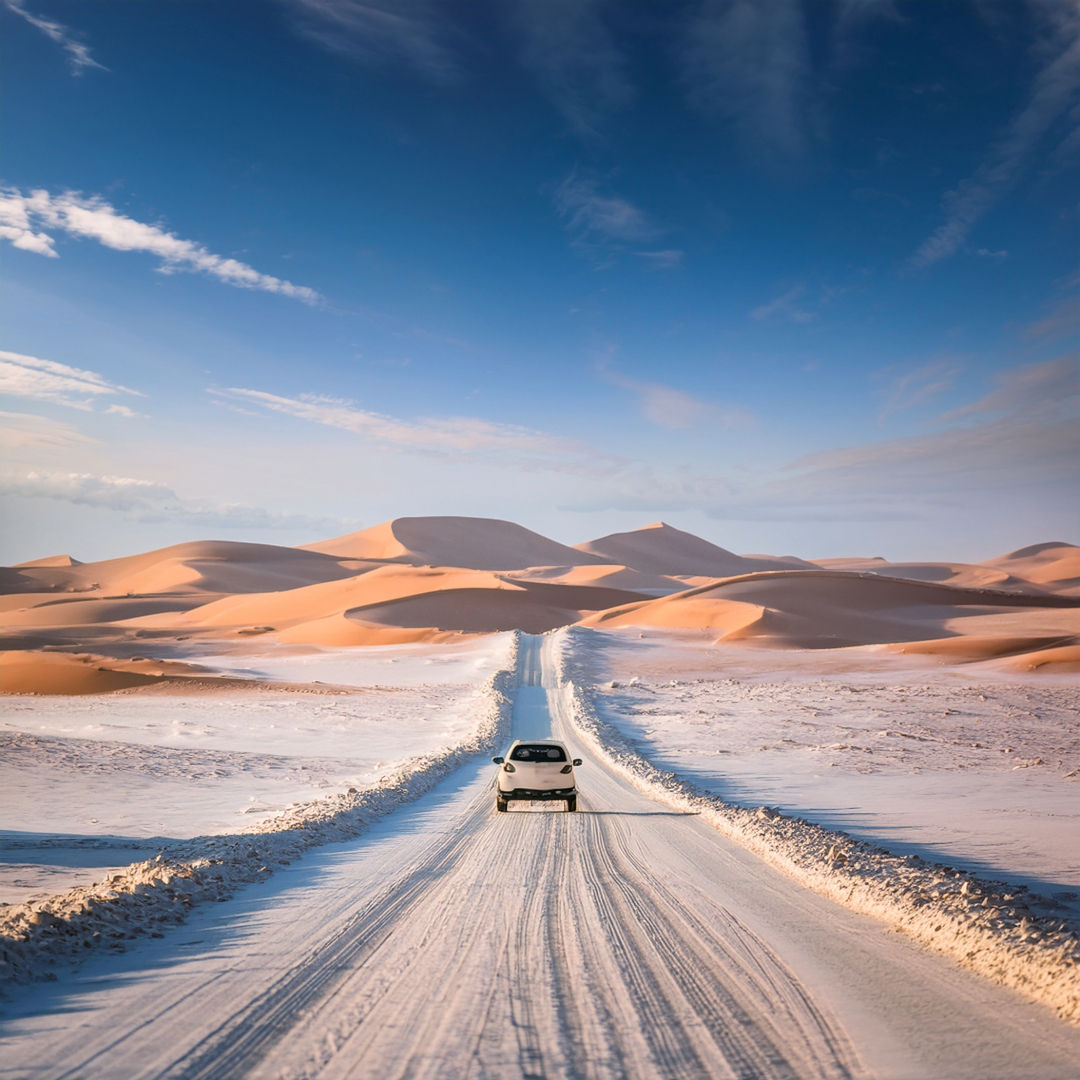 KI-generiertes Bild: Ein Autofährt über eine schneebedecke Straße direkt auf Sanddünen einer Wüste zu.